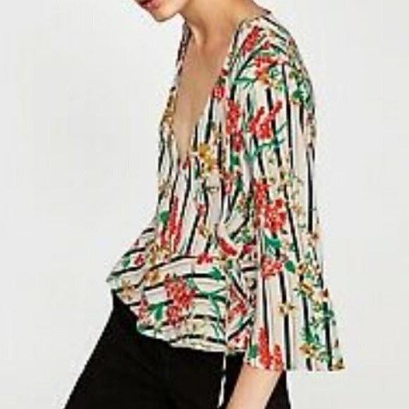 ZARA Multi color Blouse cache Flowers Wrap Striped - Picture 7 of 12